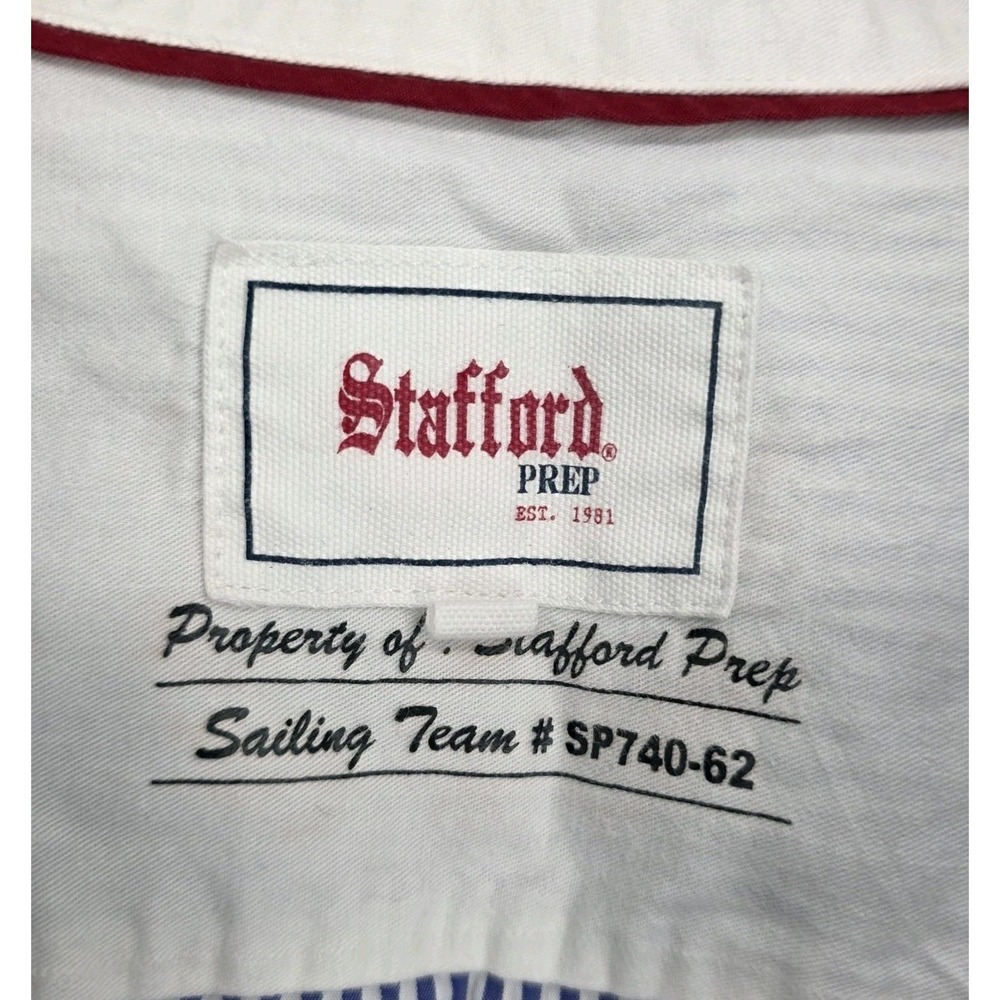 Y2K Stafford Prep Men XL ButtonUp Shirt Blue Striped Sailing Collegiate Flip Cuf - Picture 11 of 13